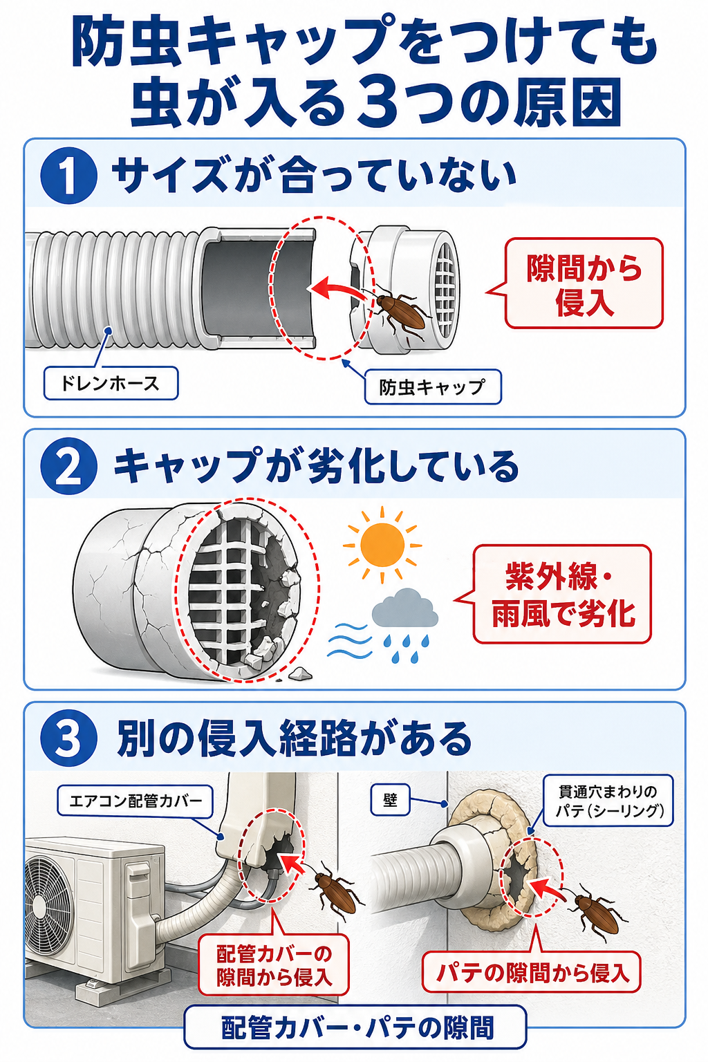 防虫キャップをつけても虫が入る3つの原因。①サイズが合っていない②キャップが劣化している③別の侵入経路がある
