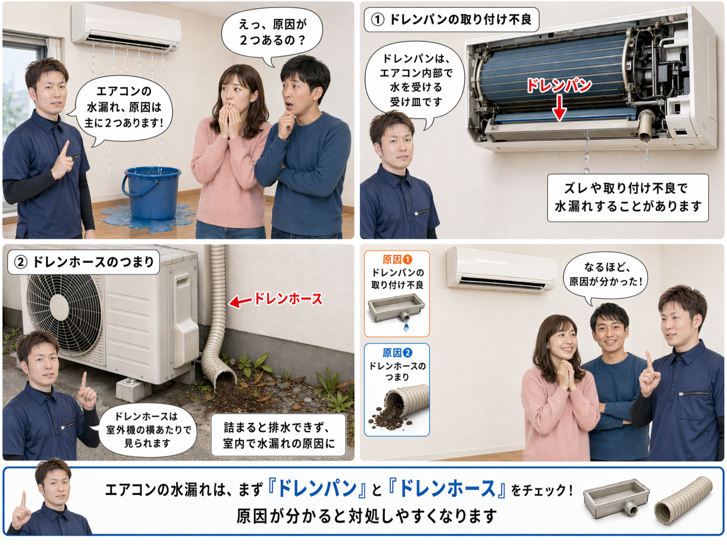 エアコン水漏れの2つの原因を解説した図解。ドレンパンの取り付け不良とドレンホースのつまりをプロが説明している