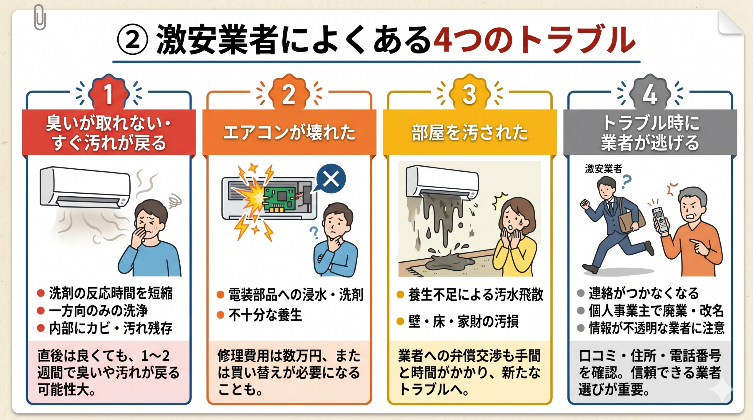 激安業者によくある4つのトラブル。①臭いが取れない・すぐ汚れが戻る②エアコンが壊れた③部屋を汚された④トラブル時に業者が逃げる