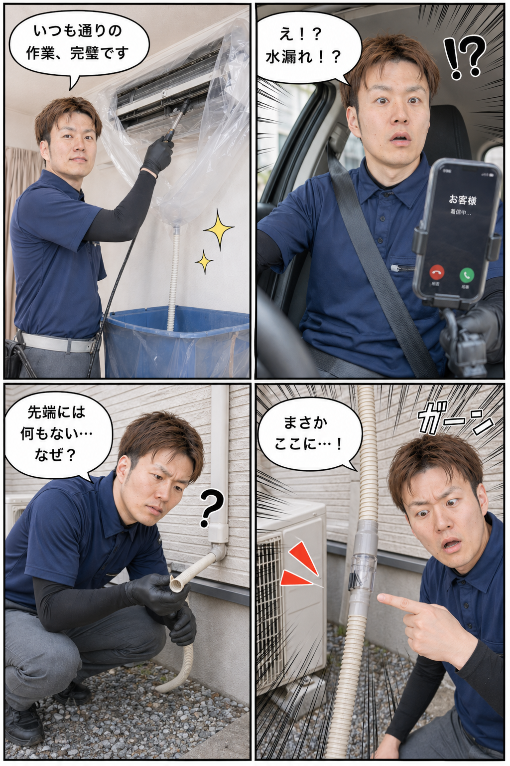 エアコンクリーニング中に防虫キャップが原因で水漏れトラブルが発生した実体験を描いた4コマ漫画