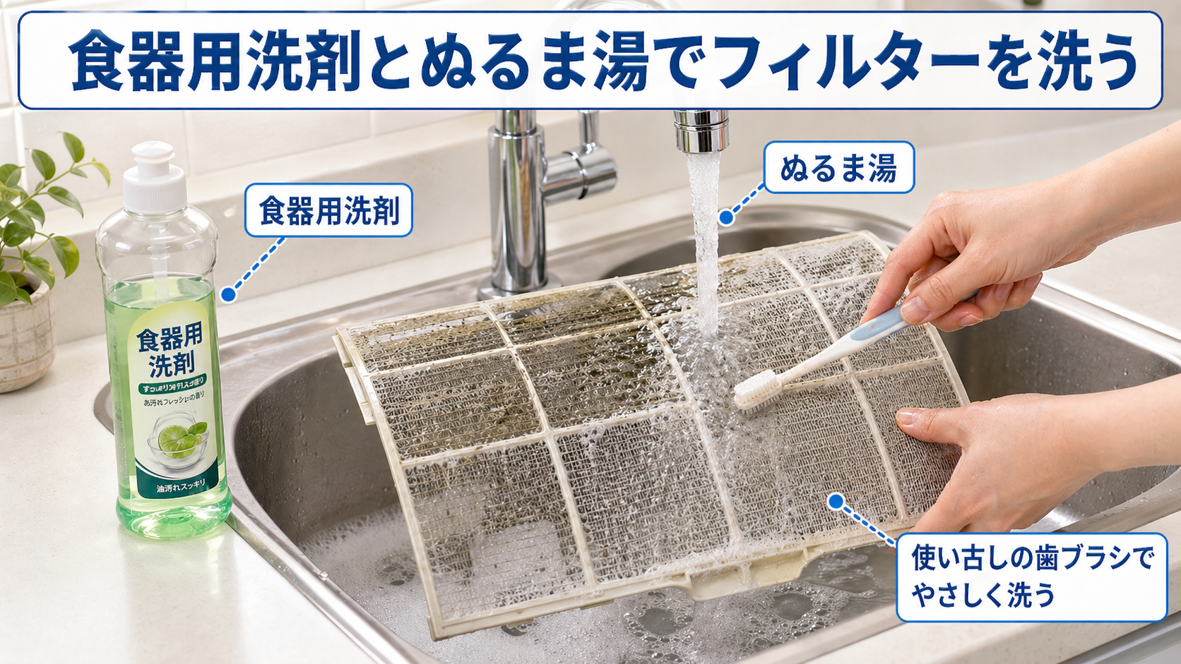 食器用洗剤とぬるま湯でエアコンフィルターを洗う方法。使い古しの歯ブラシでやさしく洗う。