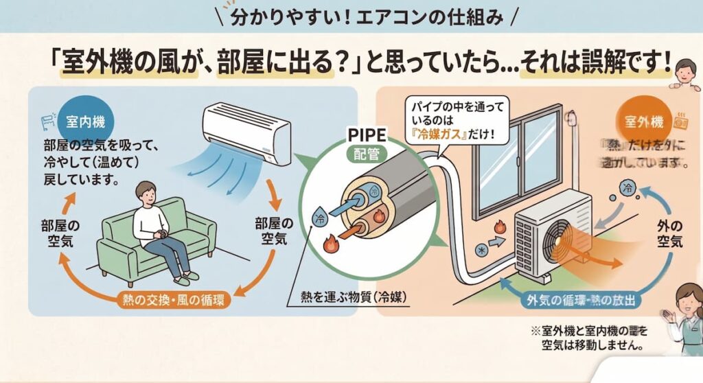 エアコン室内機と室外機の間を冷媒ガスだけが循環する仕組みの図解