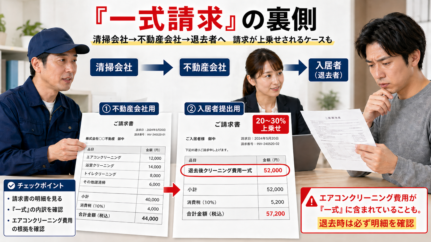 一式請求の裏側。清掃会社から不動産会社を経由して入居者へ、請求が上乗せされる仕組み。不動産会社用と入居者提出用の2通の請求書が存在し、入居者向けには退去後クリーニング費用一式として20〜30%上乗せされるケースも