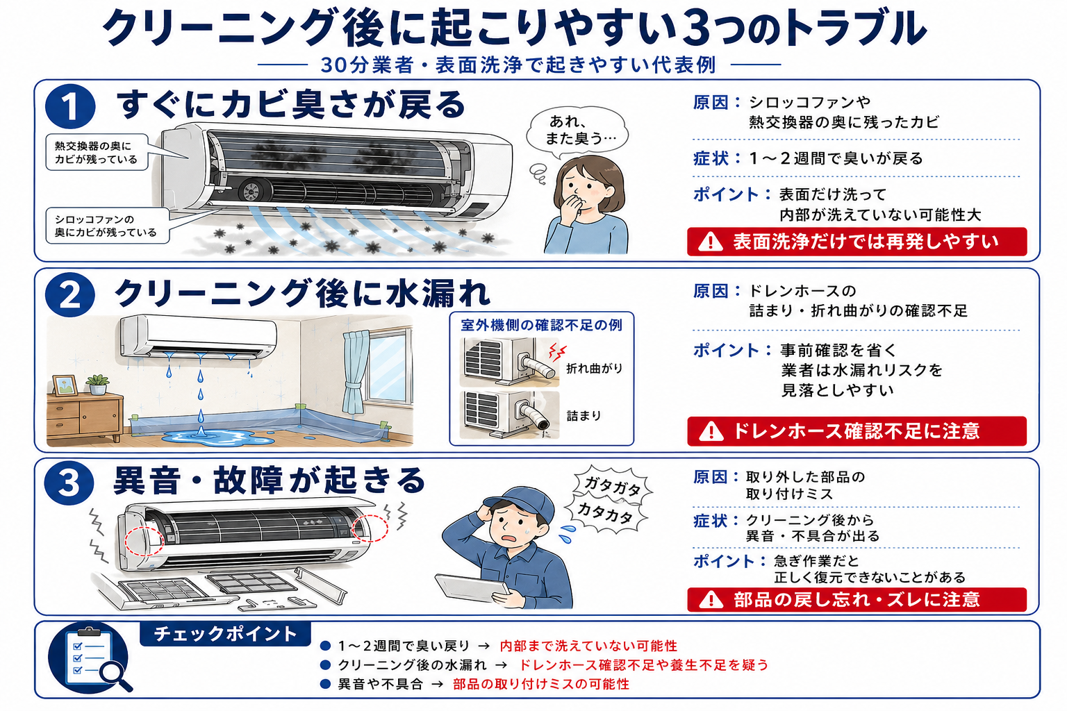 クリーニング後に起こりやすい3つのトラブル。①すぐにカビ臭さが戻る②クリーニング後に水漏れ③異音・故障が起きる